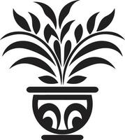 fleur équilibre lisse noir logo avec décoratif plante pot pétales dans poterie monochrome emblème avec élégant plante pot conception vecteur