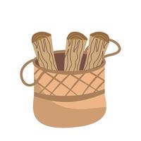 tas de bois avec du bois de chauffage pour cheminée isolé sur fond blanc. bois de chauffage coupé en bois pour les soirées de Noël d'hiver. panier en osier. illustration vectorielle. vecteur