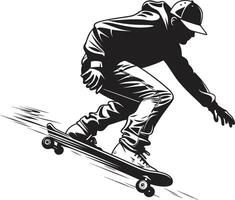 extrême élévation iconique homme sur une planche à roulette dans noir logo Urbain acrobate dynamique vecteur symbole de une faire de la planche à roulettes homme dans noir