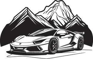 alpin ascension lisse noir logo avec iconique des sports voiture conquête montagnes crête se ruer dynamique noir icône de une des sports voiture s'attaquer Montagne routes vecteur