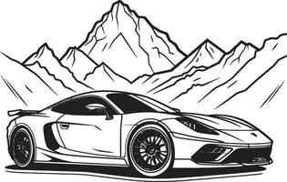 Montagne majesté dynamique noir symbole avec une des sports voiture sur courbée routes crête coureur noir logo conception avec iconique vecteur des sports voiture sur le montagnes