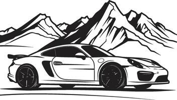 montagnes bousculer lisse vecteur icône mettant en valeur une des sports voiture sur noir logo élevé rapidité dynamique noir logo conception avec une montagneux des sports voiture icône