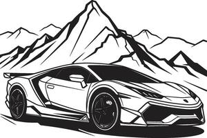 épique élévation noir logo conception avec une des sports voiture sur scénique alpin Montagne les sentiers dans vecteur montagnes obstacle iconique noir symbole représentant une des sports voiture glissement par Montagne routes