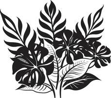 fleur félicité iconique noir symbole avec tropical plante feuilles île oasis dynamique logo conception avec exotique plante éléments dans noir vecteur