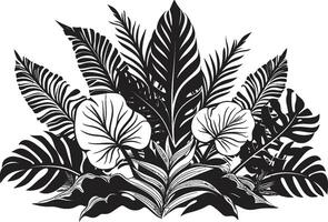 île oasis dynamique noir logo conception avec tropical plante feuilles et fleurs paradis pétales lisse vecteur icône de tropical plante feuilles et fleurs dans noir