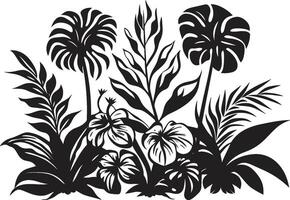 exotique feuillage vecteur noir logo conception avec tropical plante feuilles et fleurs tropique élégance iconique symbole dans noir avec plante feuilles et fleur vecteurs