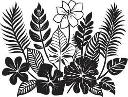 île oasis dynamique noir logo conception avec tropical plante feuilles et fleurs paradis pétales lisse vecteur icône de tropical plante feuilles et fleurs dans noir