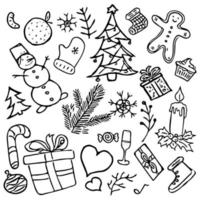 grand ensemble d'icônes sur le thème de noël et du nouvel an. ensemble d'icônes avec boules de noël, guirlandes, coeurs, bonhomme de neige, flocons de neige, bonbons et bonbons, cadeaux, arbre de noël.