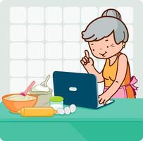 grand-mère cuisine et regards à recettes sur le l'Internet. vieux Dame cuisson dans cuisine. vecteur illustration