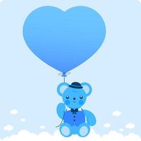 bleu nounours ours et ballon. bébé nounours ours avec bleu costume en portant une cœur en forme de ballon dans le ciel. vecteur illustration