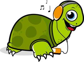 tortue écoute à musique. dessin animé tortue animal de compagnie personnage avec écouteurs. vecteur illustration