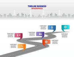 chronologie infographique de modèle vectoriel des opérations commerciales avec des drapeaux et des espaces réservés sur les routes courbes. symboles, étapes pour une planification d'entreprise réussie adaptée à la publicité et aux présentations