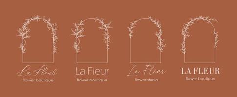 modèle de conception de logo et concept de monogramme dans un style linéaire branché avec arc - cadre floral avec espace de copie pour le texte ou la lettre - emblème pour la mode, la beauté et les bijoux, invitation de mariage, socia. vecteur