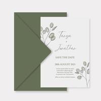 invitation de mariage moderne, modèle d'invitation de mariage vert avec feuille de branches d'eucalyptus et calligraphie à la main. vecteur