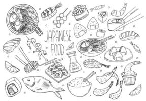 Japonais nourriture griffonnages ensemble, main tiré rugueux Facile Japonais cuisine nourriture croquis. asiatique nourriture dans ligne vecteur