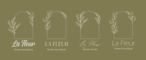 modèle de conception de logo et concept de monogramme dans un style linéaire branché avec arc - cadre floral avec espace de copie pour le texte ou la lettre - emblème pour la mode, la beauté et les bijoux, invitation de mariage, socia. vecteur