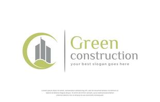 vert feuille avec bâtiment construction logo modèle vecteur