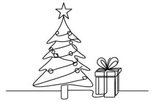 ai généré ne continu noir ligne art dessin de joyeux Noël arbre. main tiré de Père Noël claus contour griffonnage vecteur illustration