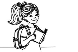 ai généré un continu noir ligne dessin Jeune école fille avec une sac à dos et porter livre retour à école concept contour griffonnage vecteur illustration