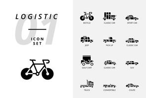 Pack d&#39;icônes pour la logistique, camion à plateau, produit de recherche, livraison, avion, poids, scooter, emplacement, protégé, livraison, train, bateau, emplacement du globe. vecteur