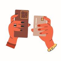 sans contact sans argent Paiement avec crédit carte, mobile téléphone application.deux les filles Payer en utilisant sans contact paiement.mains payant avec pos terminaux et nfc technologie.vecteur illustration eps dix vecteur