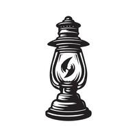une noir et blanc dessin de une lampe avec une flamme sur il. vecteur