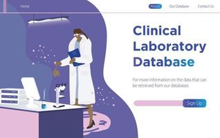 concept de base de données de laboratoire clinique avec une chercheuse faisant des recherches et des études. Landing page moderne modèle vector illustration - vector