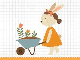 mignonne fille lapin avec brouette. peu lapin dans dessin animé style. illustration. vecteur