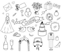 mariage griffonnage ensemble. monochrome clipart mariée, bouquet, cambre et bague isolé sur blanc Contexte. vecteur