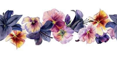 main tiré aquarelle illustration minable boho botanique fleurs. foncé lis Clivia amaryllis, pensée alto violet. sans couture bannière isolé sur blanc Contexte. conception mariage suite, l'amour cartes, magasin vecteur