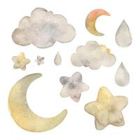 ensemble de éléments en relation à le ciel, Jaune mois, blanc des nuages et magnifique étoiles. aquarelle isolé illustration pour enfants intérieur, cartes, autocollants, textile, conception, faire-part, emballage. vecteur