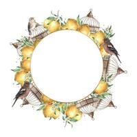 Jaune citrons, vert feuilles, bronze ancien cage et réaliste des oiseaux. isolé aquarelle ancien couronne avec d'or éléments. tiré pour décoration de cartes, mariage conception, faire-part, emballage. vecteur