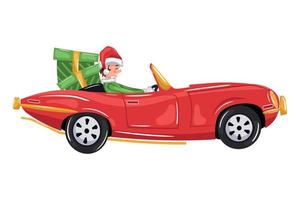 elfe de noël dans une belle voiture de fantaisie distribuant des jouets vecteur
