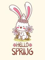 lapin mignon avec un ressort de fleur. illustration de personnage de dessin animé bonjour salutation de printemps vecteur