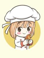 jolie fille de chef tenant un hot-dog. concept d'illustration de logo de restauration rapide vecteur