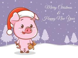 personnage de dessin animé de cochon mignon avec joyeux noël et bonne année bannière de voeux vecteur