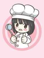 jolie fille de chef tenant une soupe à la louche - dessin animé de chef vecteur