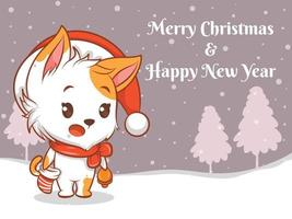 personnage de dessin animé de chat mignon avec joyeux noël et bonne année bannière de voeux. vecteur