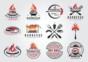 ensemble paquet fumé barbecue, gril, logo illustration conception vecteur