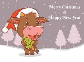 personnage de dessin animé de vache mignon avec joyeux noël et bonne année bannière de voeux. vecteur