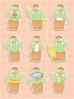 ensemble d'illustration d'autocollant de dessin animé d'été de cactus mignon vecteur