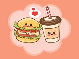 concept de couple de hamburger de tasse de café mignon. dessin animé vecteur