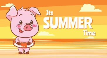 cochon mignon avec une bannière de voeux d'été. vecteur