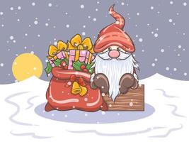 illustration de gnome mignon avec sac cadeau de noël vecteur