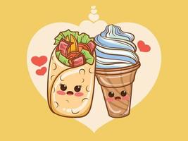 concept de couple mignon kebab et crème glacée. dessin animé