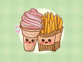 concept de couple mignon de crème glacée et de pommes de terre frites. dessin animé vecteur