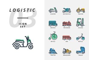 Pack d&#39;icônes pour la logistique, camion rapide, achat, délai de livraison, chariot élévateur, conteneur, emballage, conteneur, bateau, facteur, fret aérien, messager à vélo, suivi. vecteur