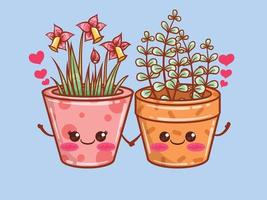 personnages de dessins animés et illustrations de pots de fleurs d'été mignons. notion de couple. vecteur