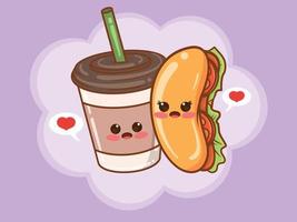 tasse de café mignonne et concept de couple de hot-dog. dessin animé vecteur