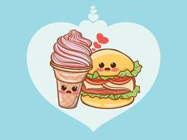 concept de couple mignon hamburger et crème glacée. personnage de dessin animé et illustration. vecteur
